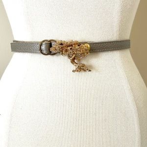 Brushed Silver Genuine Leather Adjustable Belt With Gold Bonsai Tree